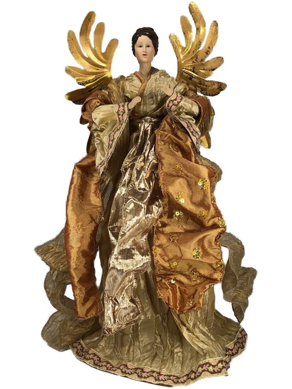 Ivory and Gold Angel Tree Topper 20"H Metal Wings and fabric dress 33846