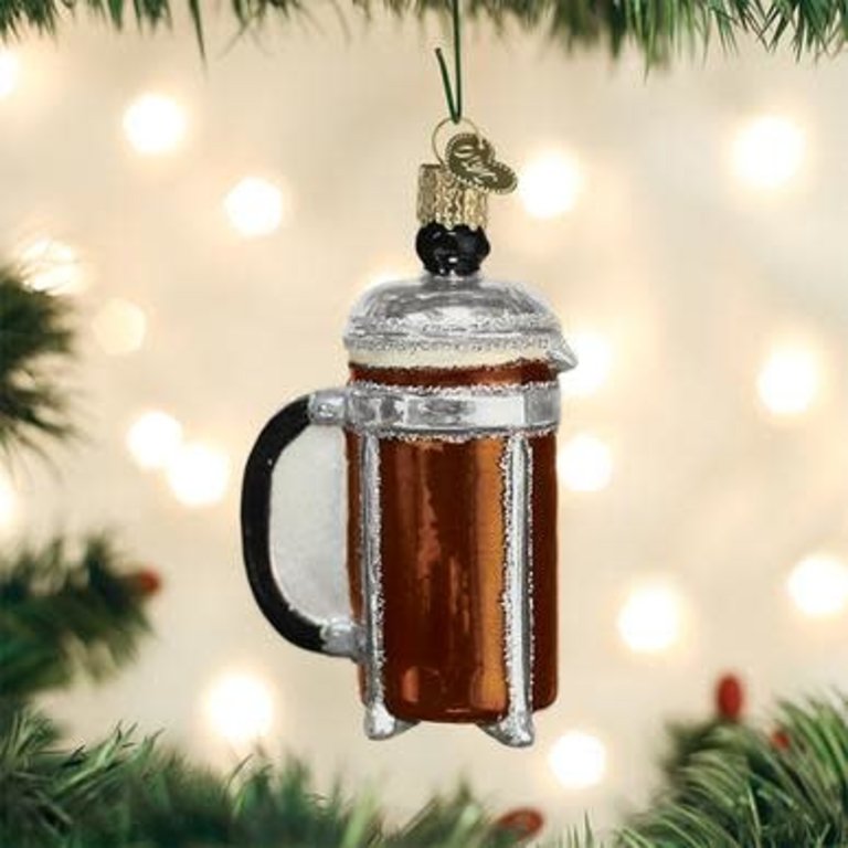 French Coffee Press Mouth Blown Glass Ornament