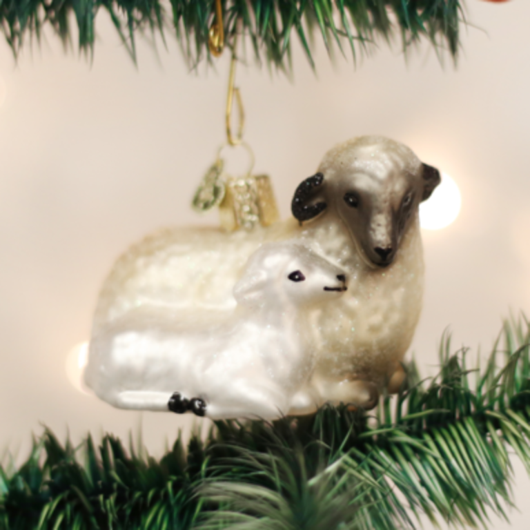Sheep with Lamb, Mouth Blown GLass Ornament
