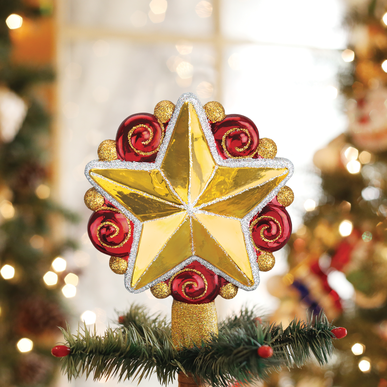 Étoile De Sapin De Noël Traditionnelle - Décoration De Pointe En Plastique Doré/rouge, 20 Cm, Réutilisable