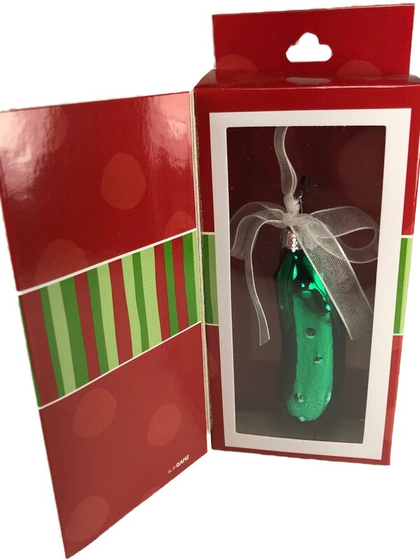 Ornement cornichon de Noël dans une boîte-cadeau avec légende au dos 3 "H en verre soufflé