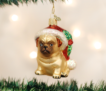 Holly Hat Pug, Glass Ornament 12430