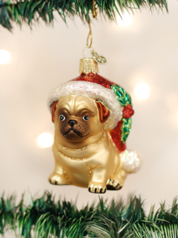 Holly Hat Pug, Glass Ornament 12430