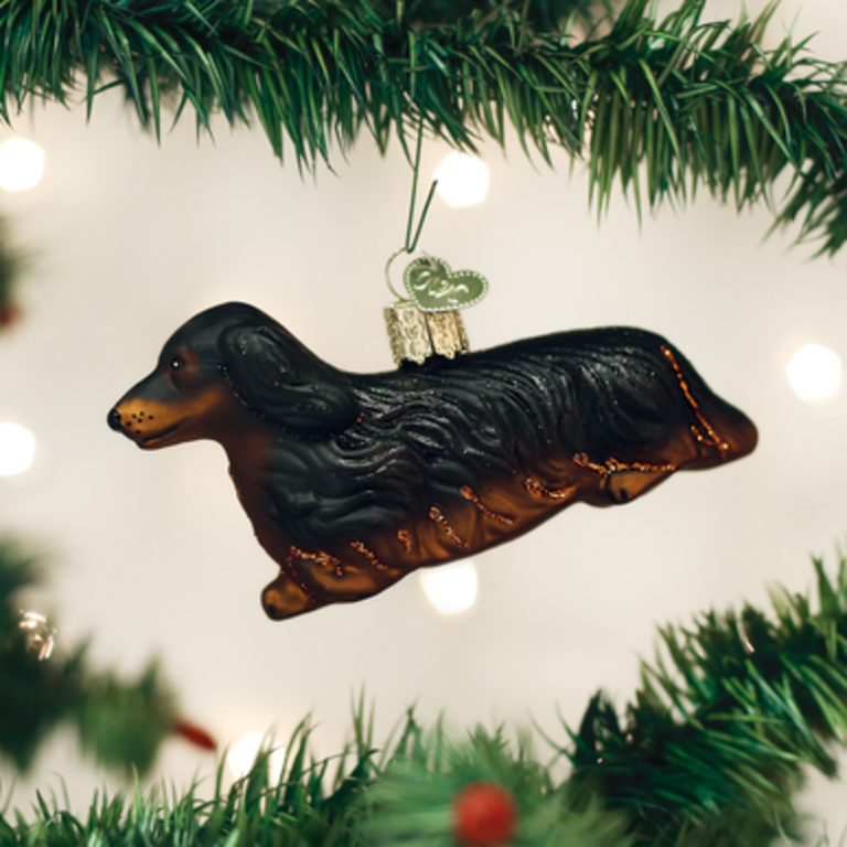 Long-haired Dachshund, Mouth Blown Glass Ornament