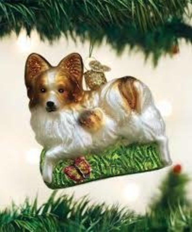 Playful Papillon Dog, Mouth Blown Glass Ornament