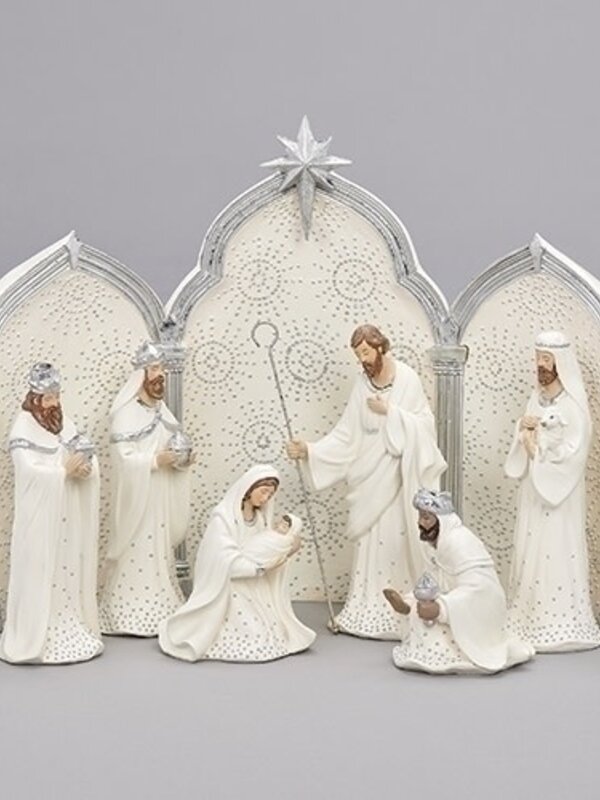 Nativity with Backdrop 11.25'' Silver and White 9 pcs set