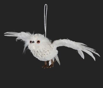 Hibou Volant Blanc avec des Paillettes Dorées 14.5"x 6.5"