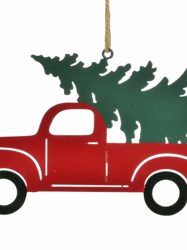Ornement Camion Rouge avec Sapin Métal 4"