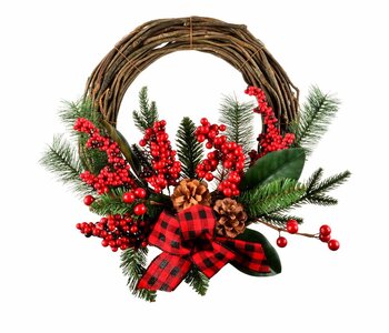 Couronne Vign,Pin et Baies avec Ruban Rouge et Noir 16"