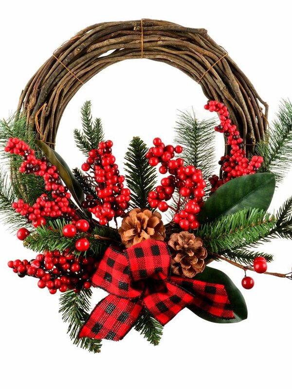Couronne Vigne,Pin et Baies avec Ruban Rouge et Noir 16"
