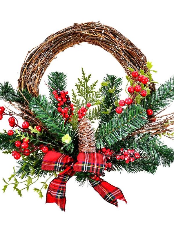 Couronne Pin, Baies et Rubans Rouge et Noir 24"