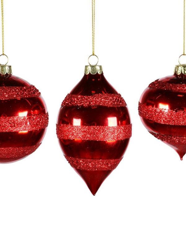 Ornement Rouge Rayé Brillant en Verre 8-13cm Ass.3