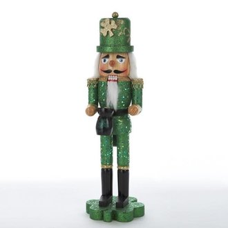 Irish Nutcracker 15" in green glitter with cauldron of gold coins Irish Nutcracker 15" in green glitter with cauldron of gold coins