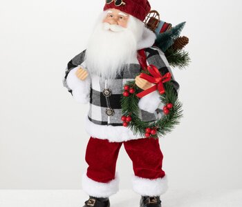 Santa Figurine Red and Plaid 19in H