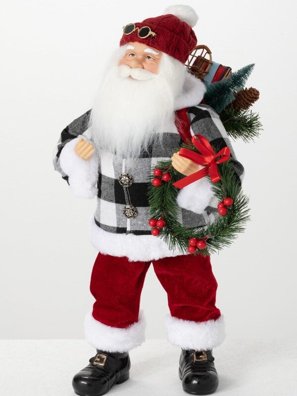 Santa Figurine Red and Plaid 19in H