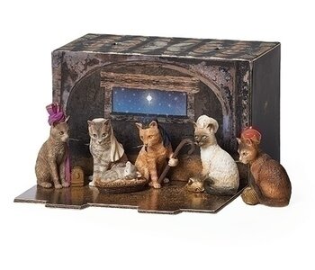 Cat Nativity with box stable, set of 6 Figurines 134922