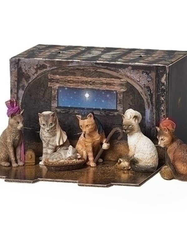 Cat Nativity with box stable, set of 6 Figurines 134922