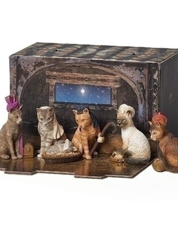 Nativité chats avec boîte étable, ens. de 6 figurines 134922