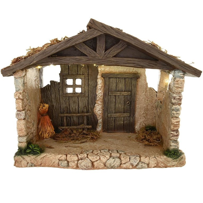 Stable with high details in resin with lighted LED ceiling for Nativity