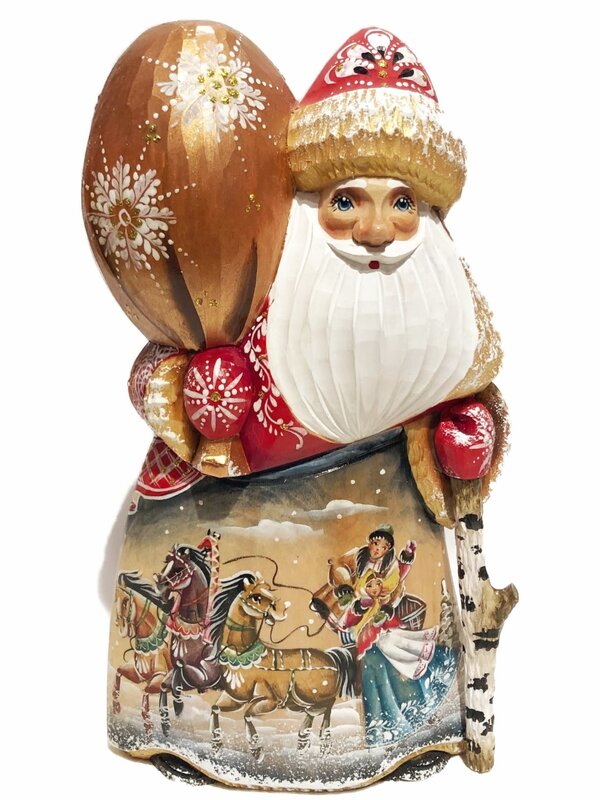 Père Noël russe sculpté à la main et peint, bois massif environ 9''H
