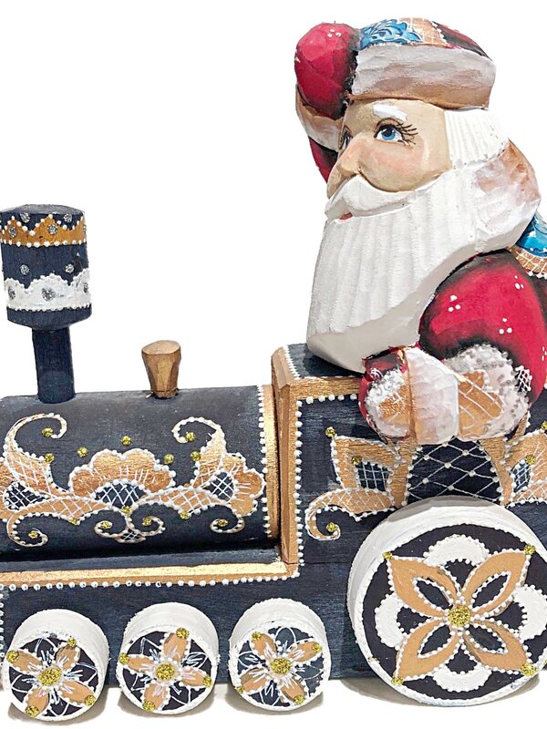 Père Noël russe dans une locomotive Figurine en bois sculpté et peint à la main 6"H