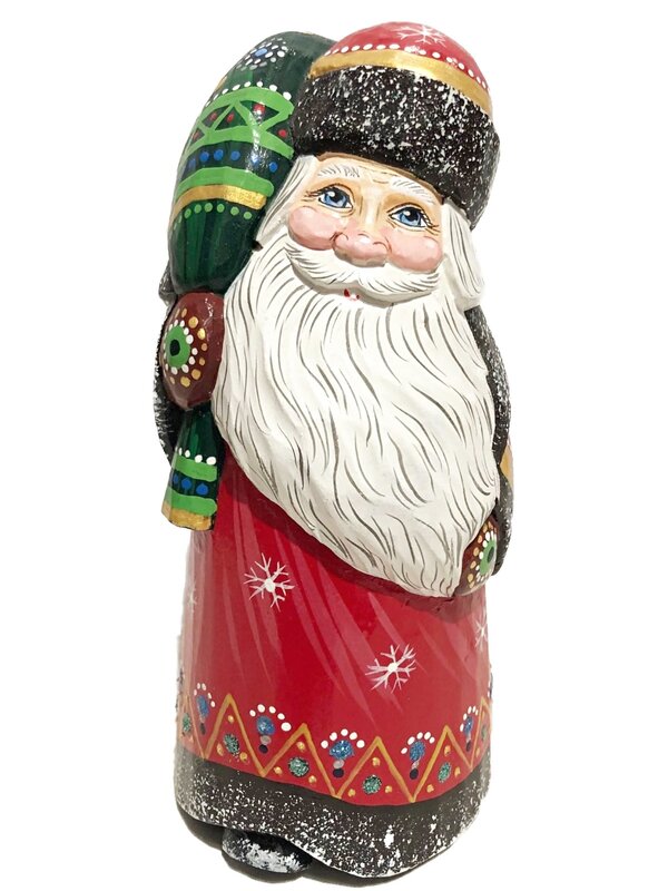 Père Noël Russe avec gros sac de jouets, sculptés et peints à la main env. 6"H