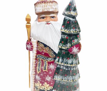 Russian Santa Claus Art Collection Carved and Hand Painted with Tree approx. 10"H