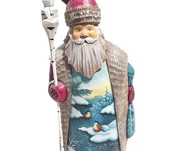 Russian Santa Claus Art Collection Carved and Hand Painted with Birds approx. 10"H