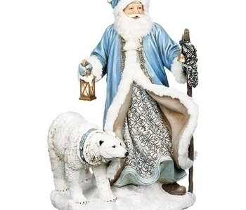 Père Noël Bleu Pale avec Ours Polaire et Lanterne Del 16"