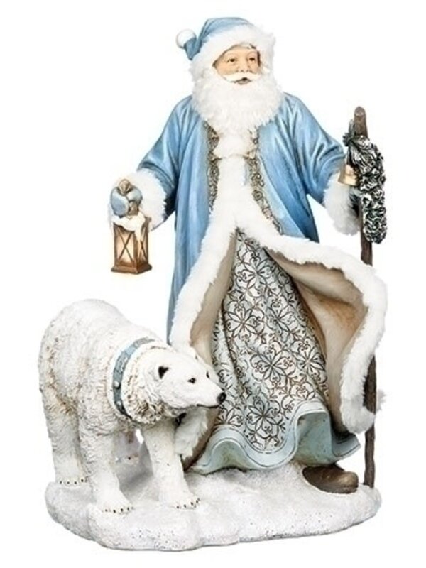 Père Noël Bleu Pale avec Ours Polaire et Lanterne Del 16"