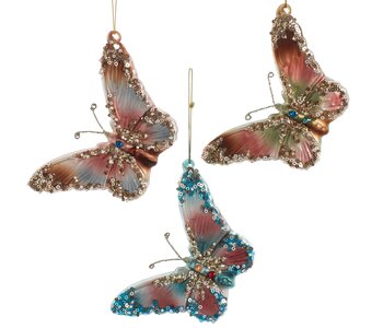 Orn. Papillon Rose/Sarcelle en verre 5" Ass.3