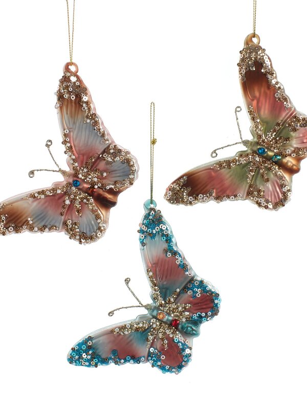 Orn. Papillon Rose/Sarcelle en verre 5" Ass.3