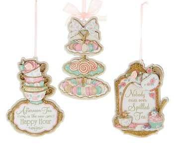 6"WOODEN TEA PARTY ORN 3/ASSTD