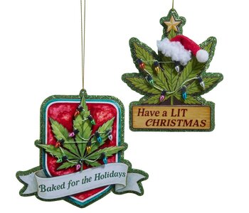 5"WDN CANNABIS LEAF W/BANNER ORN 2A