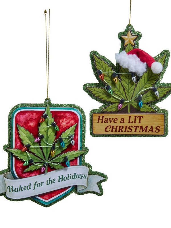 5"WDN CANNABIS LEAF W/BANNER ORN 2A