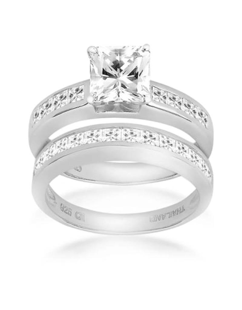 Sterling Silver 6mm Square Cubic Zirconia Bridal Set Ring