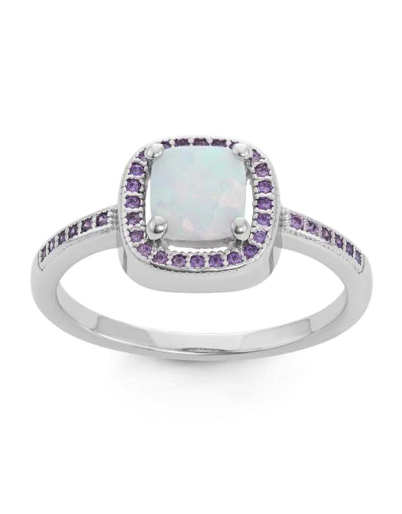 Sterling Silver Square Synthetic Opal and Purple Cubic Zirconia Ring