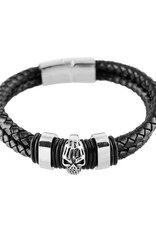 Double Strand Braided Leather Stainless Steel Skull Bracelet 8.5"