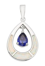 Sterling Silver Tear with White Synthetic Opal and Tanzanite Color Cubic Zirconia Pendant 23mm