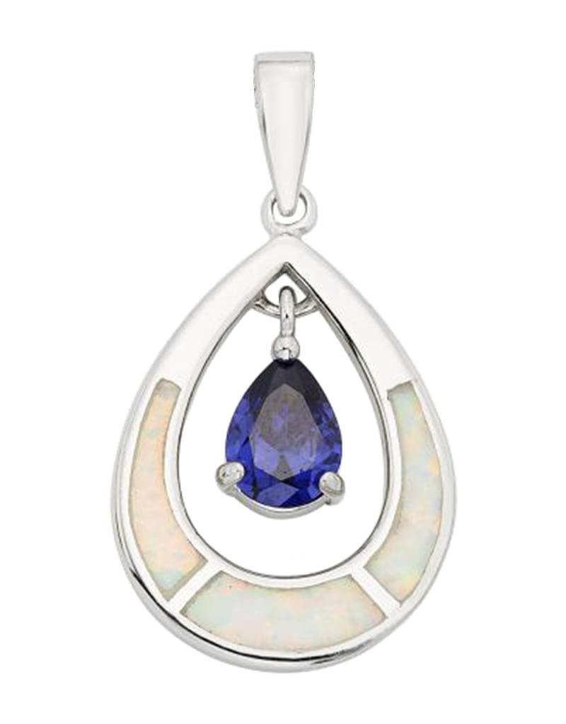 Sterling Silver Tear with White Synthetic Opal and Tanzanite Color Cubic Zirconia Pendant 23mm