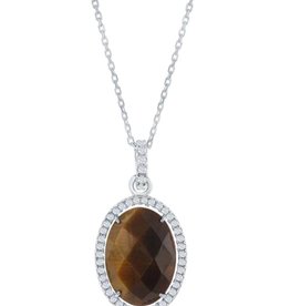 Oval Tiger Eye & CZ Necklace 18"