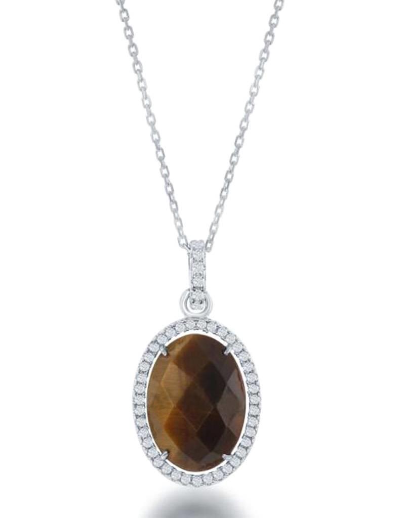 Sterling Silver Oval Tiger Eye & Cubic Zirconia Necklace 18"
