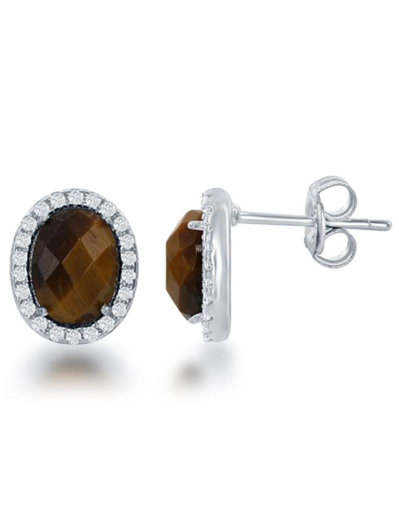 Sterling Silver Oval Tiger Eye with Cubic Zirconia Earrings 10mm