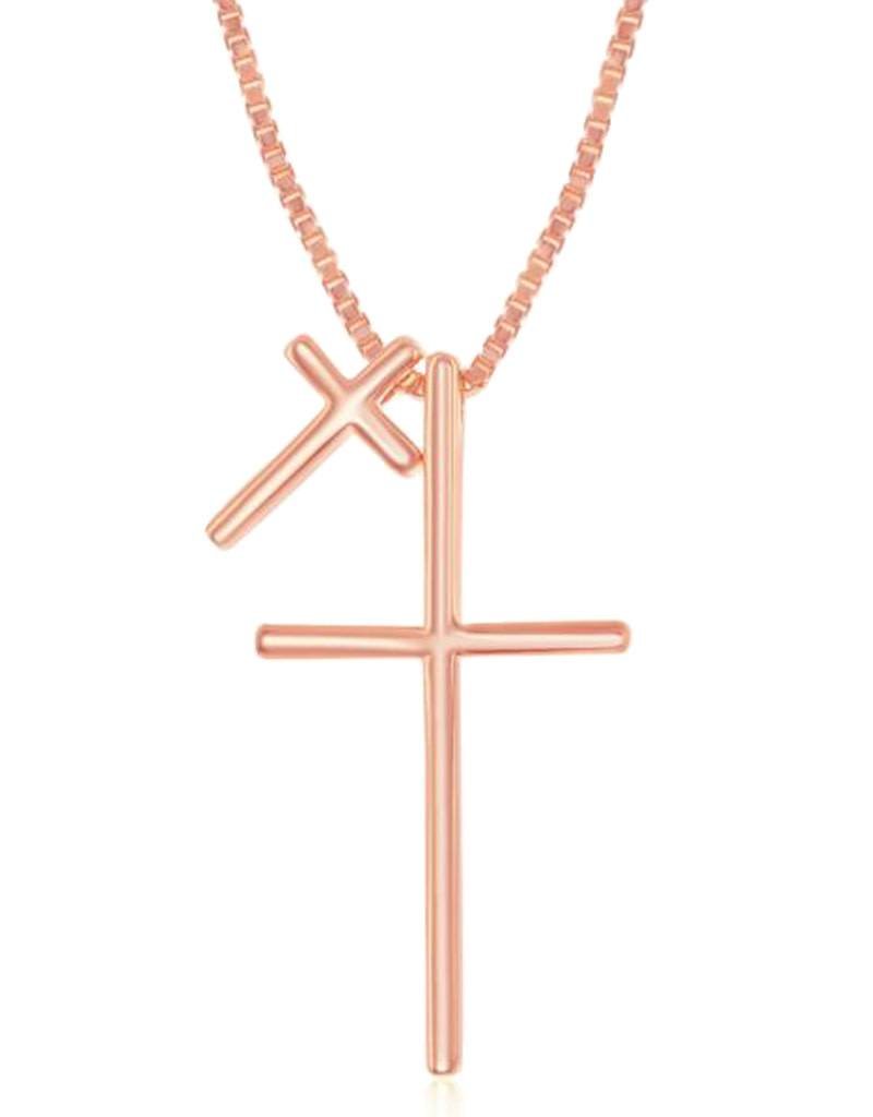 Sterling Silver Double Cross Necklace with 14k Rose Gold Vermeil Finish 16"+2"