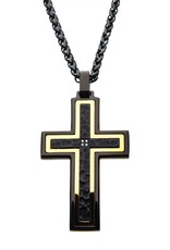 Men's Hammered Black and Gold Plated Stainless Steel Cross with Cubic Zirconia Necklace 24"