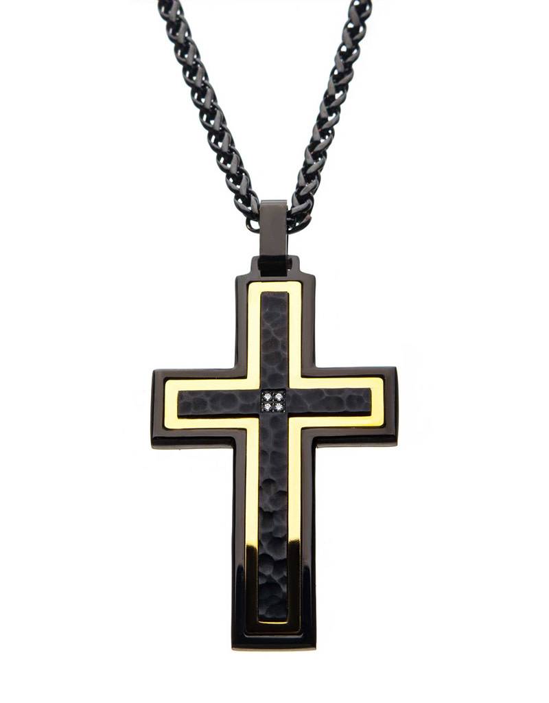 Black & Gold CZ Cross Necklace 24"
