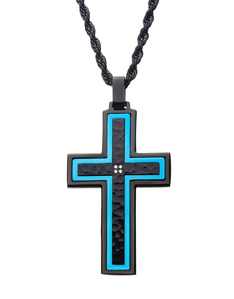 Men's Black and Blue Stainless Steel CZ Cross Necklace 24"