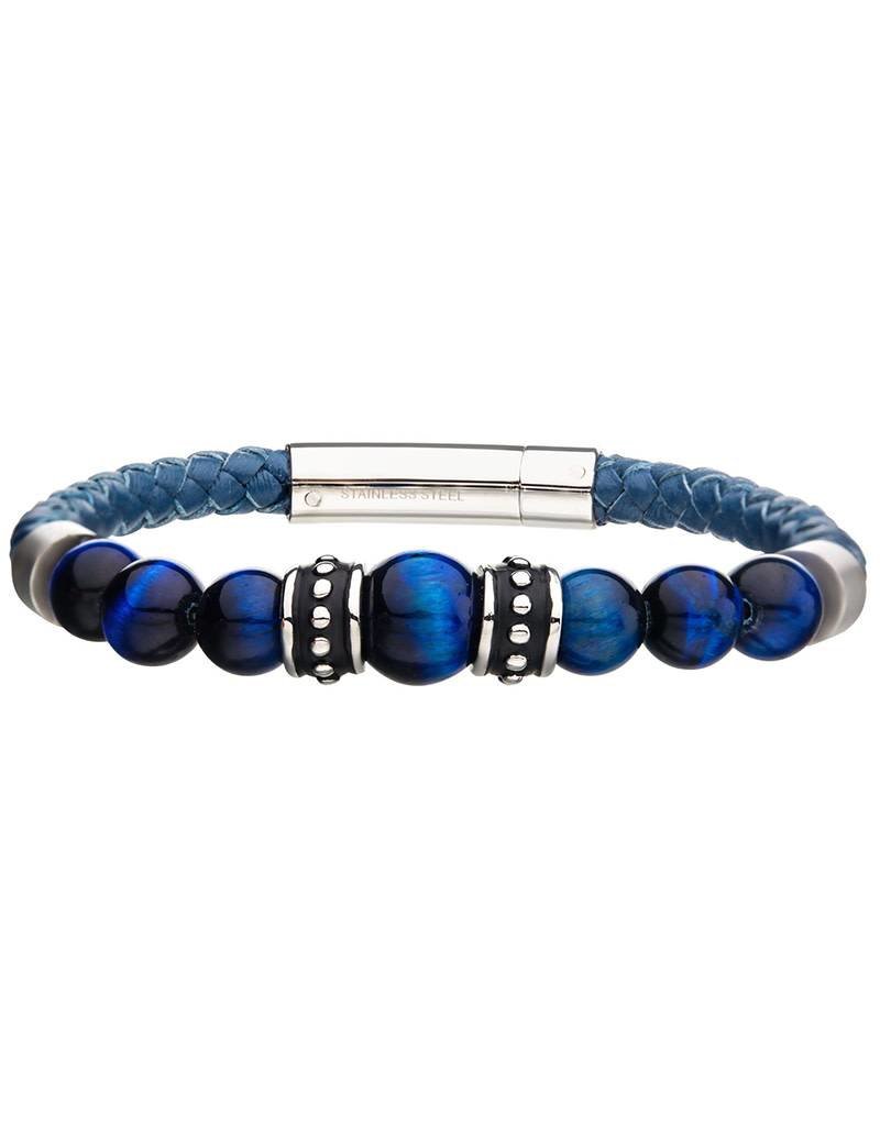 Men's Blue Braided Leather with Blue Tiger Eye Bead Bracelet 8.5"
