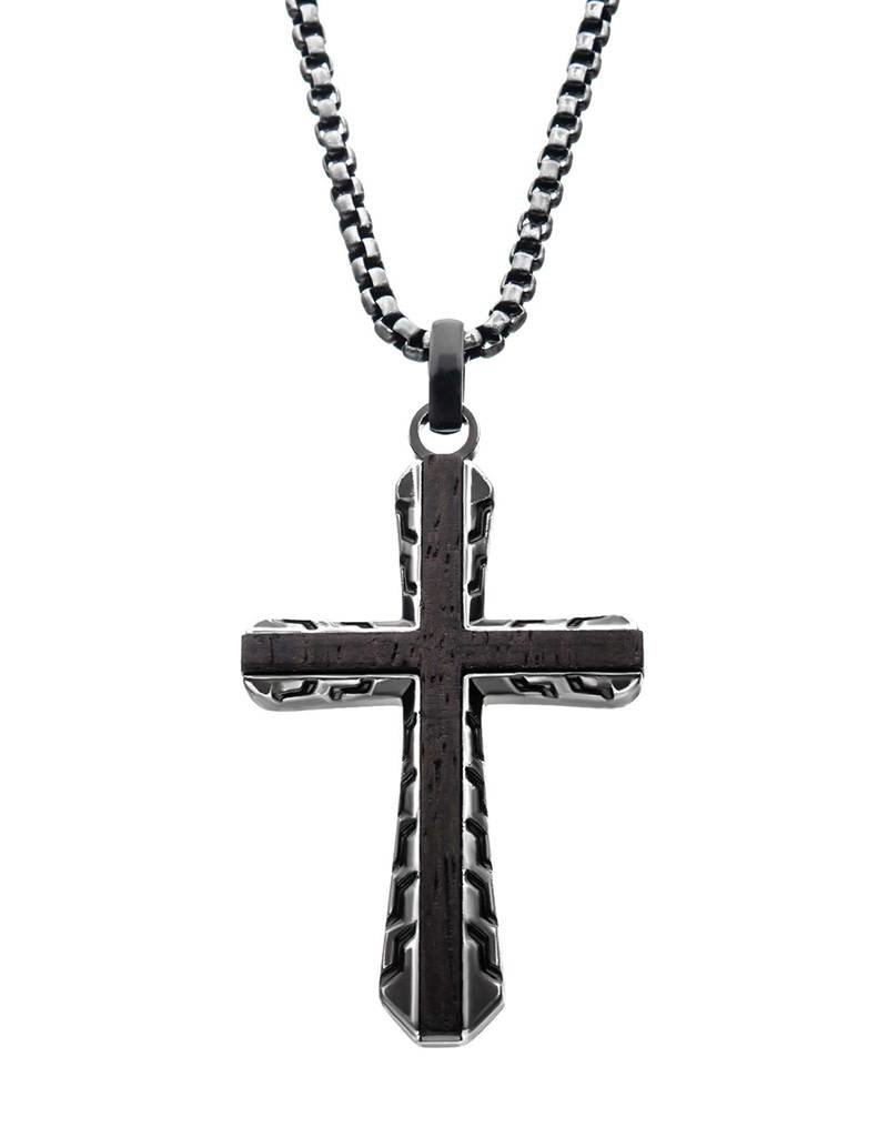 Men's Stainless Steel Ebony Wood Cross Necklace 24"