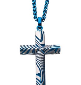 Blue Damascus Cross Necklace 24"